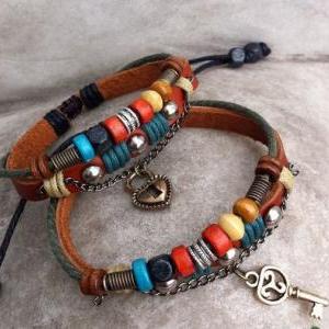 Tribal Cowhide Couple Bracelet - His And Hers..
