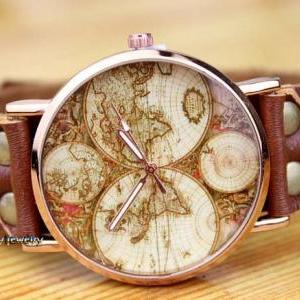 Genuine Brown Leather Map Of The World Watches -..