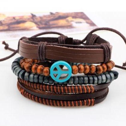 Peace symbol leather wooden bead dogan beaded bracelet