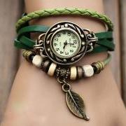leather wrap watch, leather band wrist watch, women wrist watches with vintage ,leaf, Leather watch bracelet