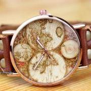 Genuine brown leather map of the world watches - neutral watches - one of the best friendship gift, Christmas gift, the best sales