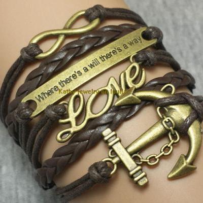 Anchor-love-motto-infinity bracelet charm bracelet brown braided leather bracelet fashion personalized wedding gift jewelry