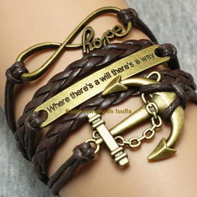 Infinityhope-motto-anchor bracelet charm bracelet brown braided leather bracelet fashion personalized gift jewelry