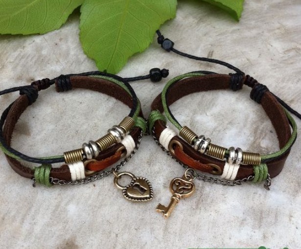 Couples Leather Bracelet； Lovers Bracelet, Sweethearts Bracelet, Key Lock Bracelet, Beaded Spring Bracelet, Hemp Charm Jewelry Gift