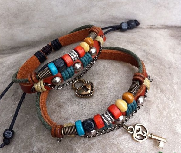 Tribal Cowhide Couple Bracelet - His And Hers Bracelets, Lock And Key National Wind Restoring Ancient Ways Is Hand Woven Bracelets
