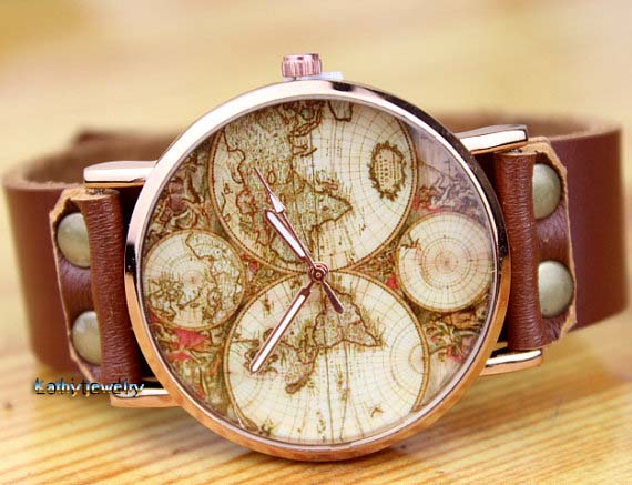 Genuine Brown Leather Map Of The World Watches - Neutral Watches - One Of The Friendship Gift, Christmas Gift, The