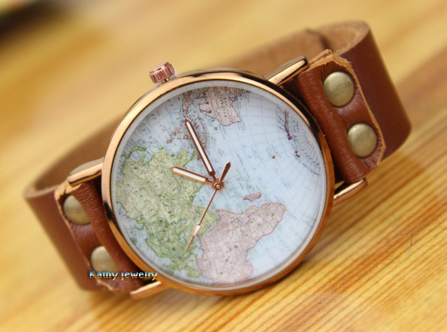 World Map Retro Leather Watch