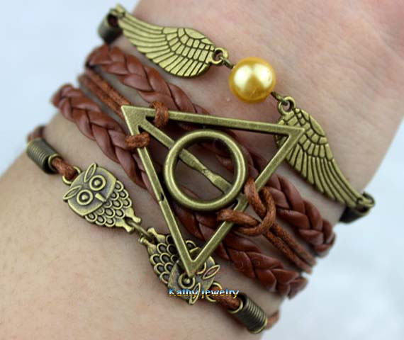 Brown Harry Potter Bracelet, Infinity Bracelet, Owl Wing Bracelet, Gold Bead Bracelet, Gift For Girl Friend,boy Friend