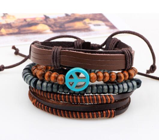 Peace Symbol Leather Wooden Bead Dogan Beaded Bracelet